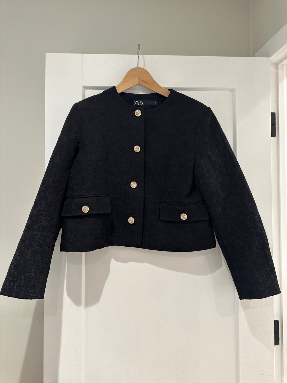Zara Black Cropped Round-Neck Jacket with Gold Buttons